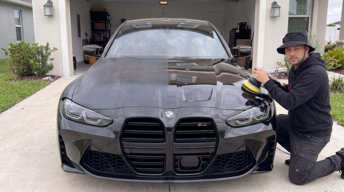 Mobile paint polish in progress on a black BMW M3 in a driveway